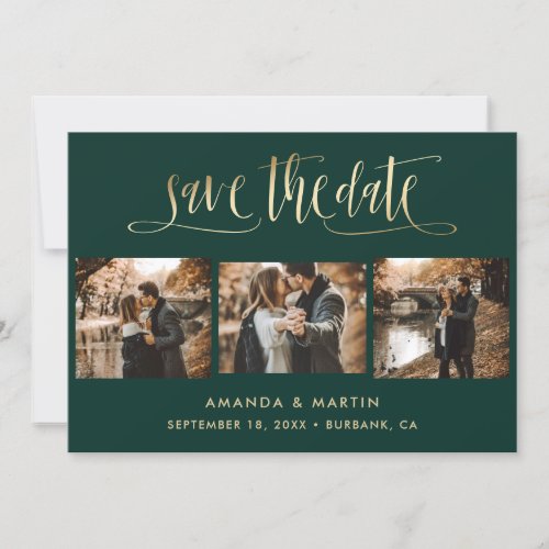 Elegant Emerald Green and Gold Wedding 3 Photo Save The Date