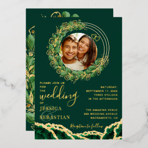 Elegant Emerald Green and Gold Wedding Foil Invitation