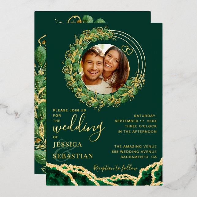 Elegant Emerald Green and Gold Wedding Foil Invitation (Front/Back)