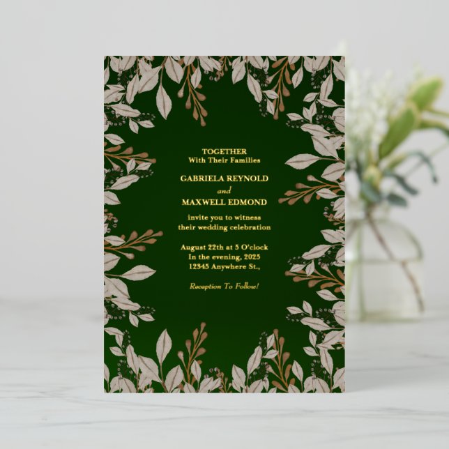 Elegant Emerald Green and Gold Wedding Foil Invitation (Standing Front)