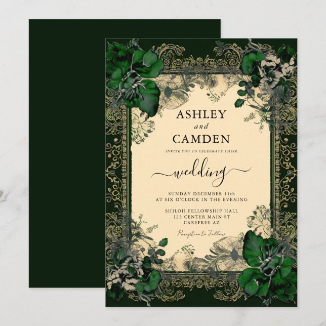 Elegant Emerald Green and Gold Wedding Invitation (Front/Back)