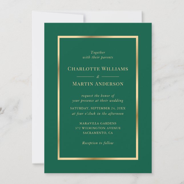 Elegant Emerald Green and Gold Wedding Invitation (Front)