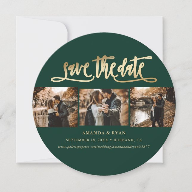 Elegant Emerald Green and Gold Wedding Photo Save The Date (Front)