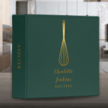 Elegant Emerald Green And Gold Whisk Recipe Script 3 Ring Binder<br><div class="desc">An elegant recipe binder featuring a chic gold whisk on a stylish emerald green background with your personalized name and title set in modern gold typography. Designed by Thisisnotme©</div>