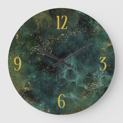 Elegant Emerald Green And Golden Numbers Large Clock