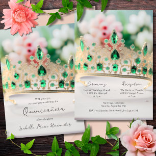 Elegant Emerald Green And Golden Tiara Quinceañera Invitation