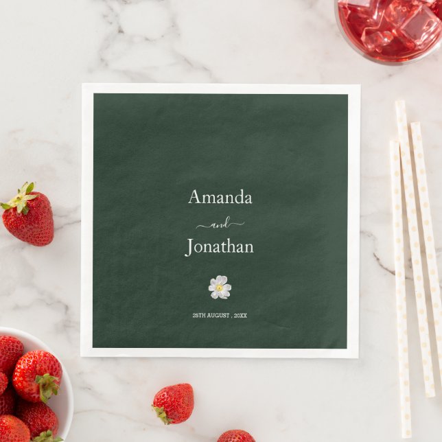 Elegant Emerald Green and White Daisy Wedding  Paper Dinner Napkins (Insitu)