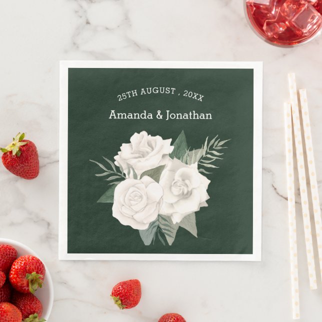 Elegant Emerald Green and White Roses Wedding Paper Dinner Napkins (Insitu)