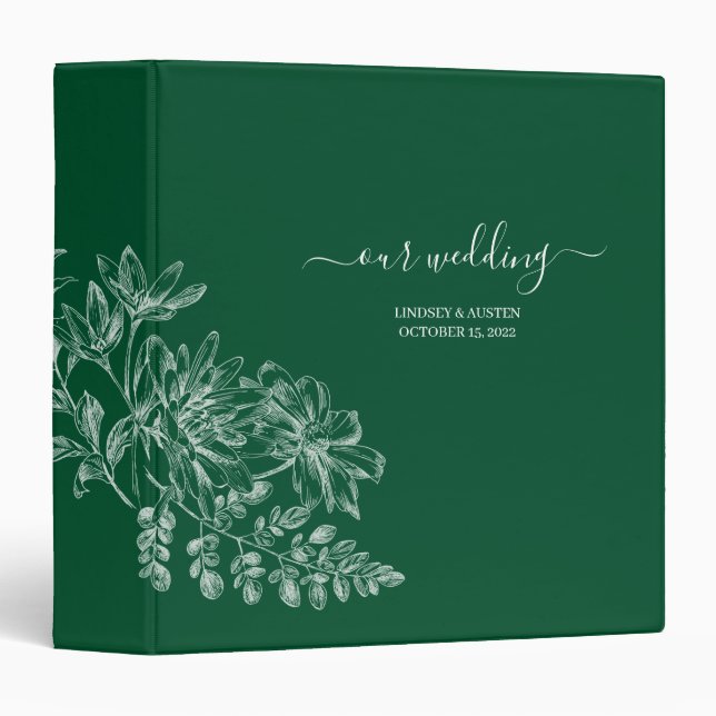 Elegant Emerald Green and White Script Wedding 3 Ring Binder (Front/Spine)