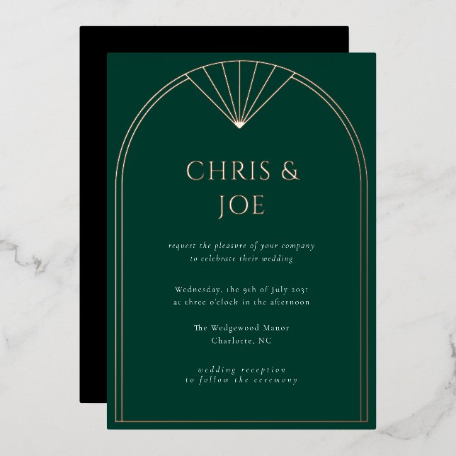 Elegant Emerald Green Art Deco Arch Wedding Foil Invitation (Front/Back)