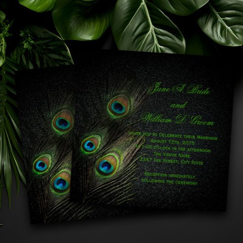 Elegant Emerald Green Black Gold Peacock Wedding Invitation
