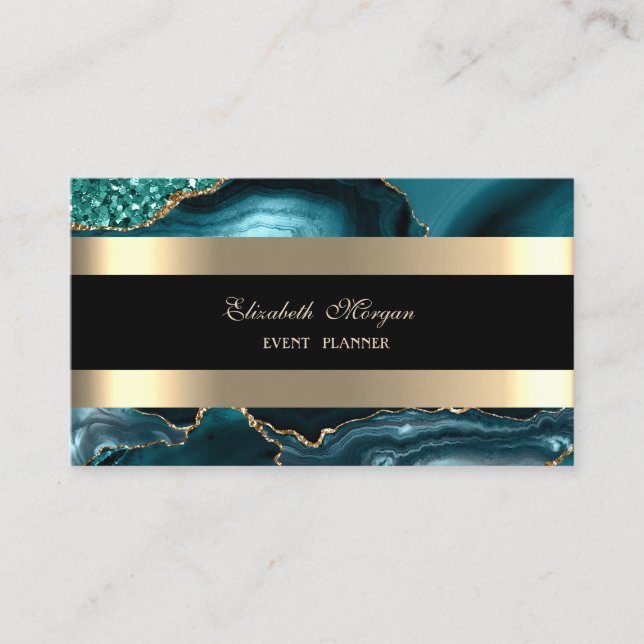 Elegant Emerald Green Black Gold Striped Glitter Business Card (Front)