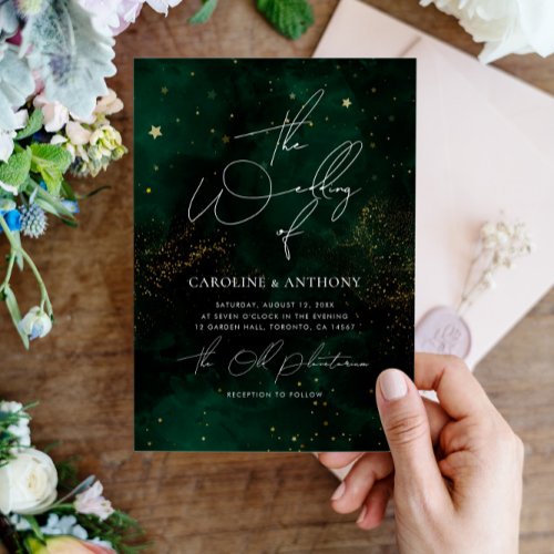 Elegant Emerald Green Black Watercolor Wedding Invitation