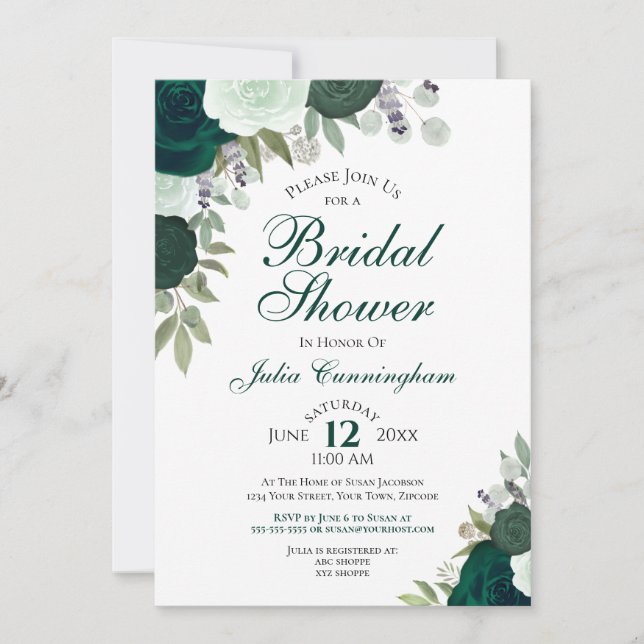 Elegant Emerald Green Boho Floral Bridal Shower Invitation (Front)
