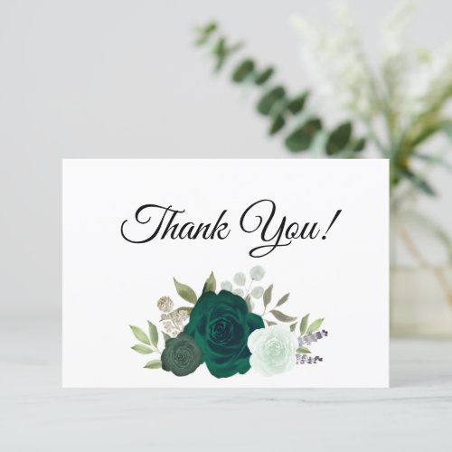 Elegant Emerald Green Boho Roses Wedding Thank You Card