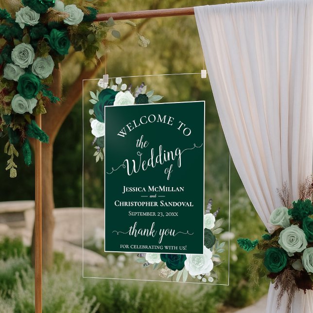 Elegant Emerald Green Boho Roses Wedding Welcome Acrylic Sign (Creator Uploaded)