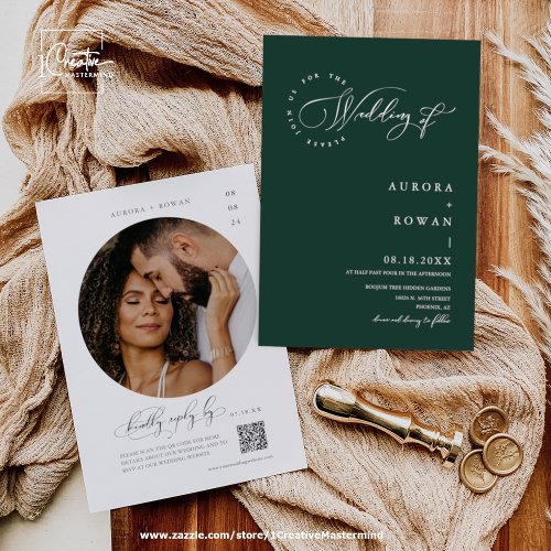 Elegant Emerald Green Boho Wedding QR Code Photo Invitation