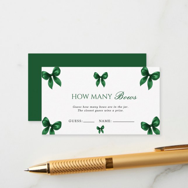 Elegant Emerald Green Bow Guess How Many Bows Game Enclosure Card (Front/Back In Situ)