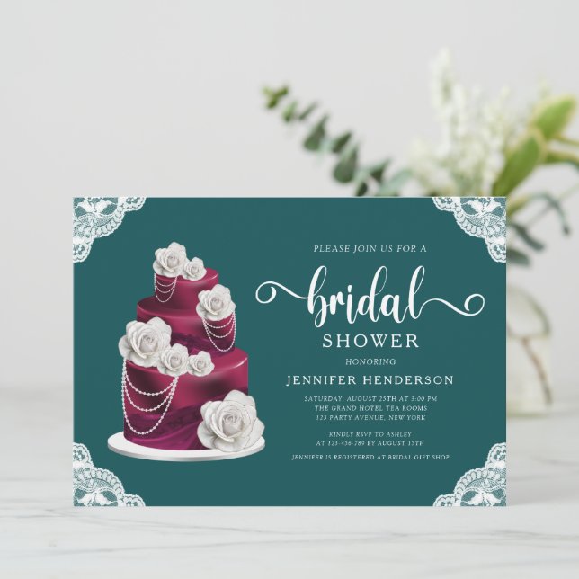 Elegant Emerald Green Cake & Lace Bridal Shower Invitation (Standing Front)