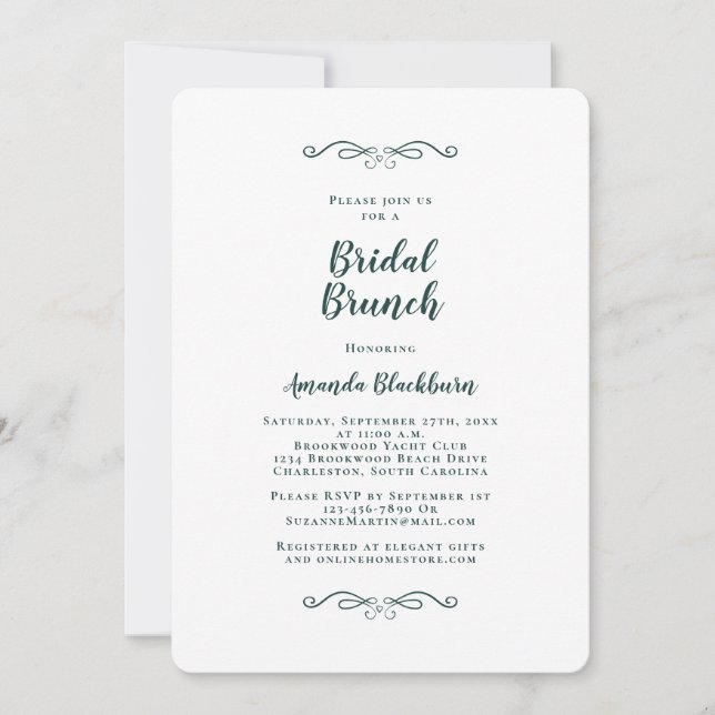 Elegant Emerald Green Calligraphy Bridal Brunch  Invitation (Front)