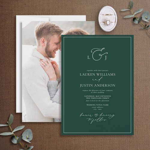 Elegant  Emerald Green Calligraphy Monogram Photo Invitation