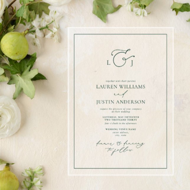 Elegant Emerald Green Calligraphy Monogram Wedding Acrylic Invitations (Creator Uploaded)