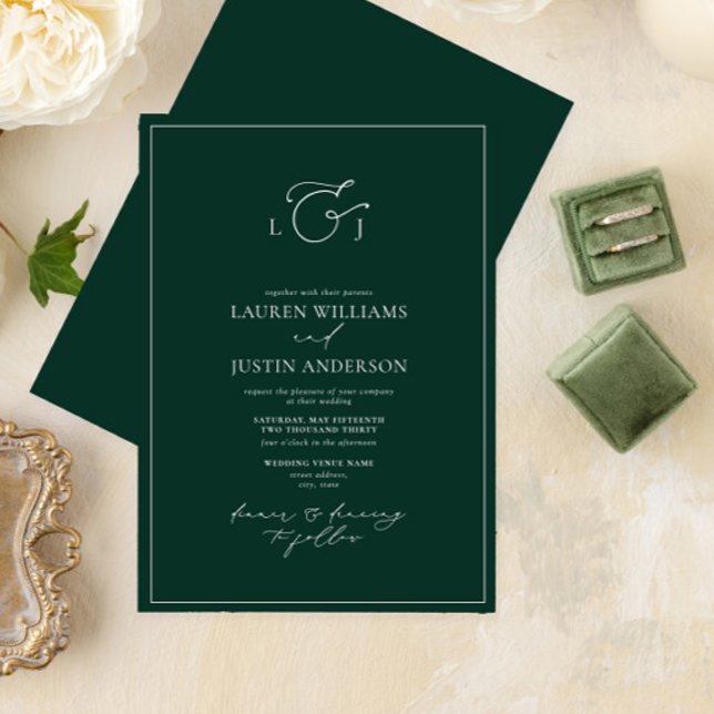 Elegant Emerald Green Calligraphy Monogram Wedding Invitation (Creator Uploaded)