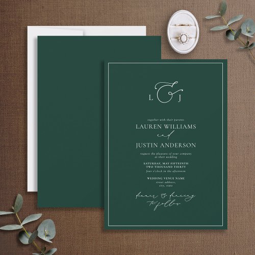 Elegant Emerald Green Calligraphy Monogram Wedding Invitation