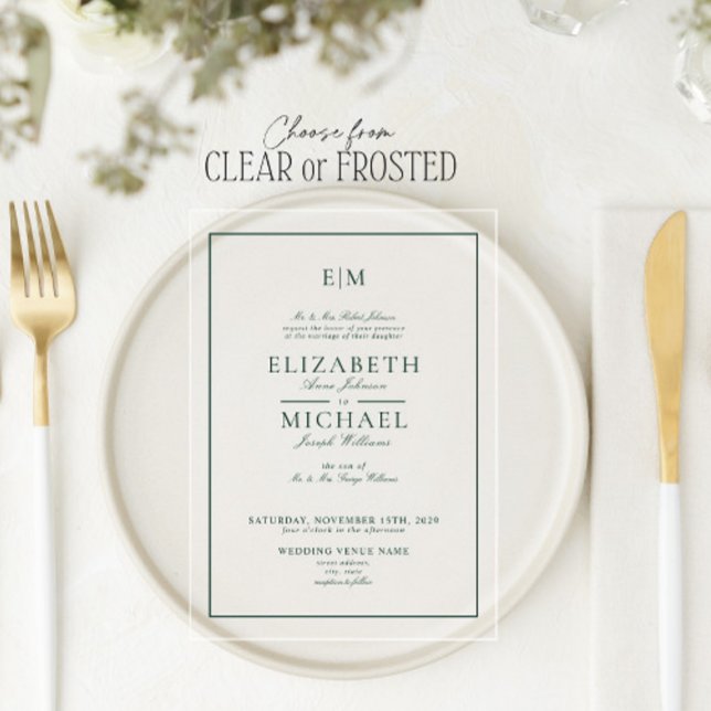 Elegant Emerald Green Classic Monogram Wedding Acrylic Invitations (Creator Uploaded)