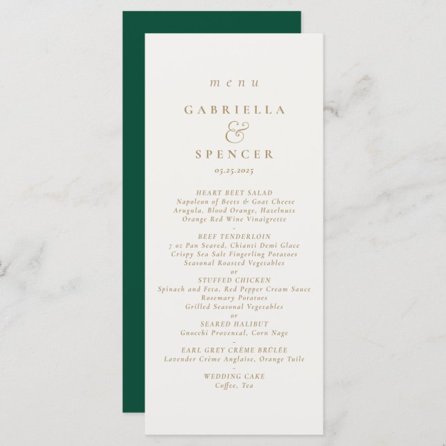 Elegant Emerald Green Cream Gold Wedding Menu (Front/Back)