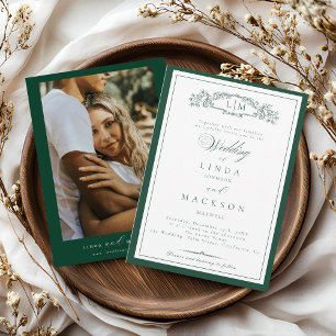 Elegant Emerald Green  Crest Monogram Wedding   In Invitation