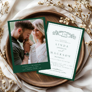 Elegant Emerald Green  Crest Monogram Wedding   Invitation