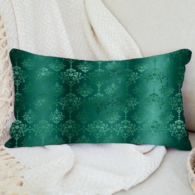 Elegant Emerald Green Damask Pattern Lumbar Pillow (Creator Uploaded)