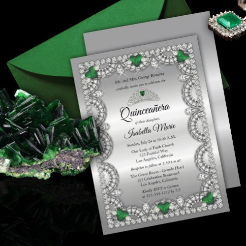 Elegant Emerald Green  Diamond Crown Quinceaera Invitation