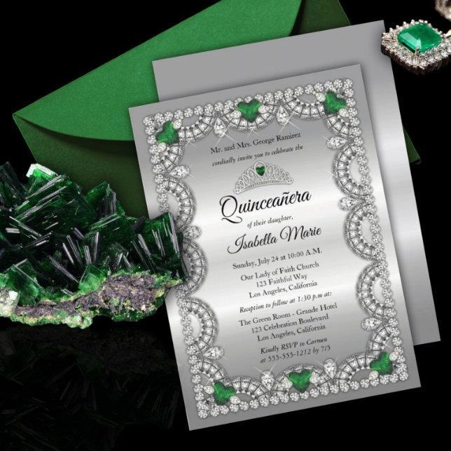Elegant Emerald Green | Diamond Crown Quinceañera Invitation