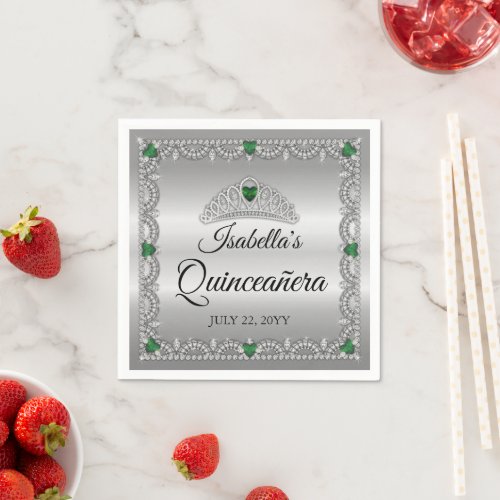 Elegant Emerald Green  Diamond Crown Quinceaera Napkins