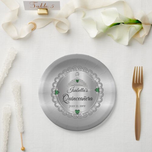 Elegant Emerald Green  Diamond Crown Quinceaera  Paper Plates