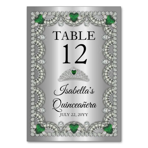 Elegant Emerald Green  Diamond Crown Quinceaera Table Number