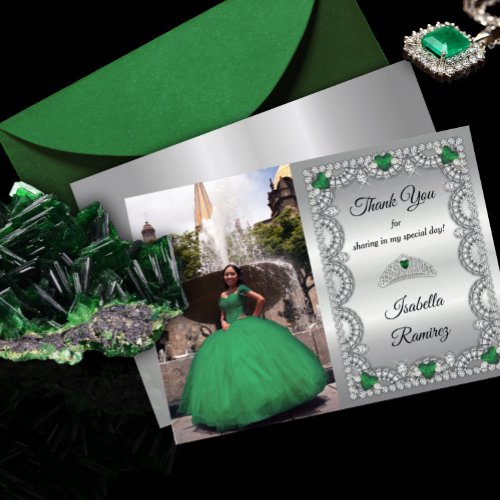 Elegant Emerald Green  Diamond Crown Quinceaera Thank You Card