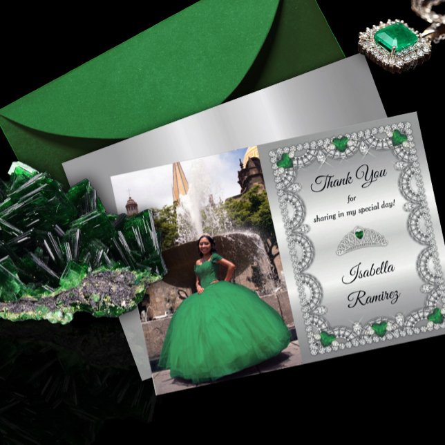 Elegant Emerald Green | Diamond Crown Quinceañera Thank You Card (Creator Uploaded)