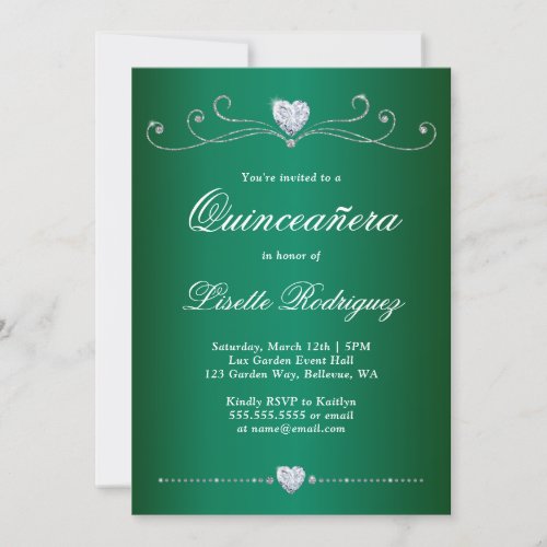 Elegant Emerald Green Diamond Swirl Quinceanera Invitation