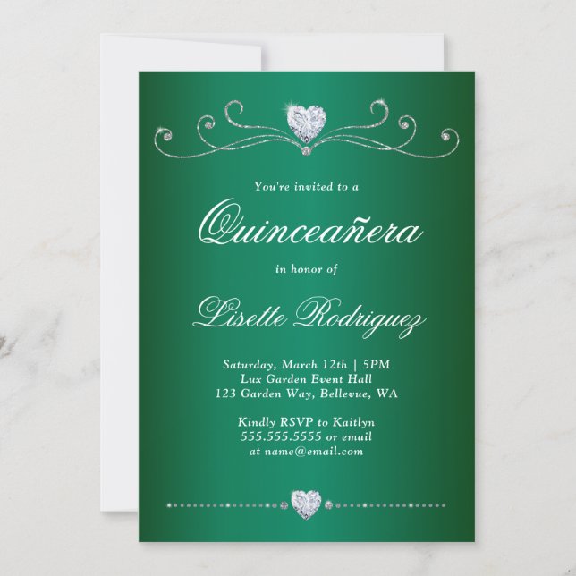 Elegant Emerald Green Diamond Swirl Quinceanera Invitation (Front)