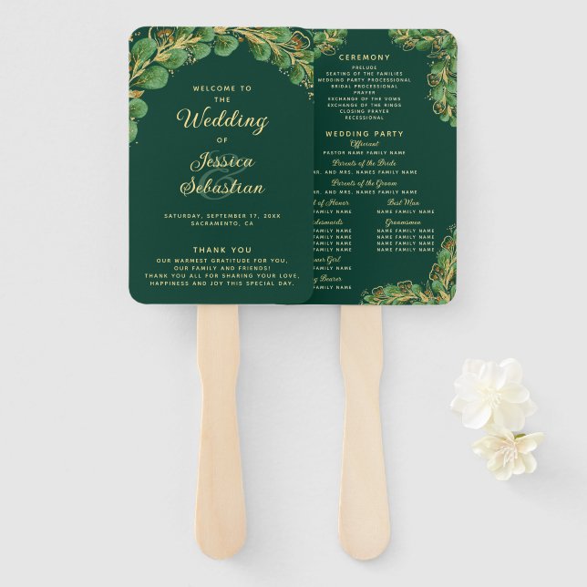 Elegant Emerald Green Eucalyptus Wedding Program Hand Fan (Front and Back)