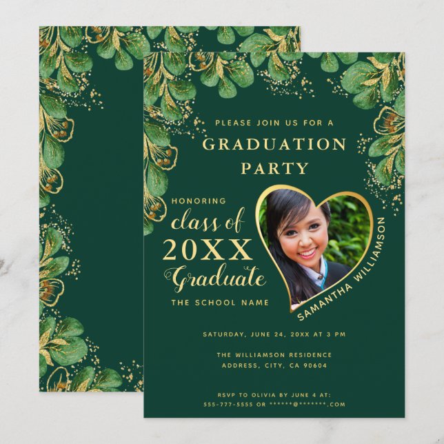 Elegant Emerald Green Floral 2025 Photo Graduation Invitation (Front/Back)