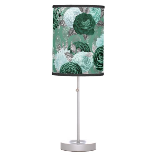 Elegant Emerald Green Floral and Damask Design Table Lamp