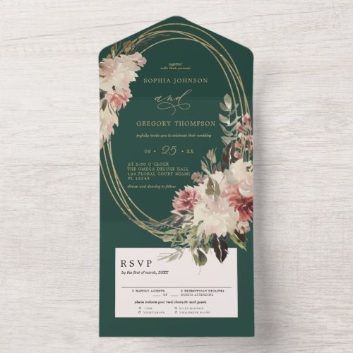 Elegant Emerald Green   Floral Boho Calligraphic  All In One Invitation