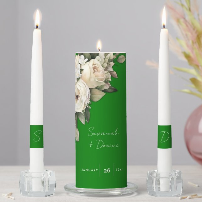 Elegant Emerald Green Floral Boho Wedding Unity Candle Set (In Situ)