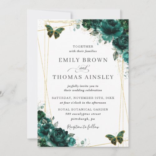 Elegant Emerald Green Floral Butterflies Wedding Invitation