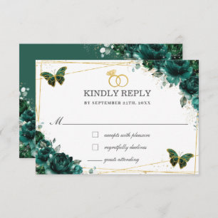 Elegant Emerald Green Floral Butterflies Wedding RSVP Card