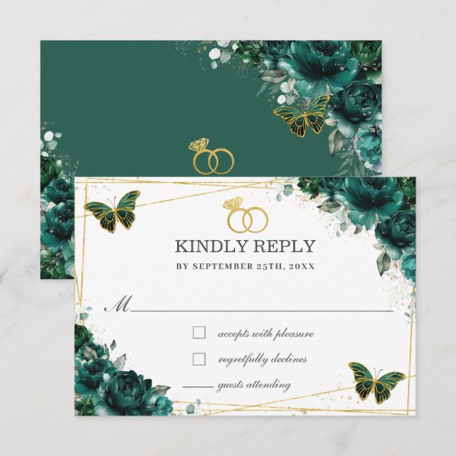 Elegant Emerald Green Floral Butterflies Wedding RSVP Card (Front/Back)